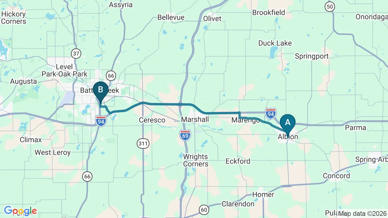 Driving directions map from Albion, MI to The Creek Chiropractic & Wellness in Battle Creek
