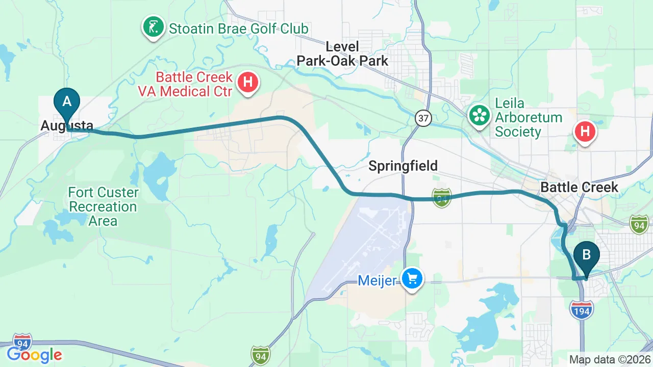 Driving directions map from Augusta, MI to The Creek Chiropractic & Wellness in Battle Creek