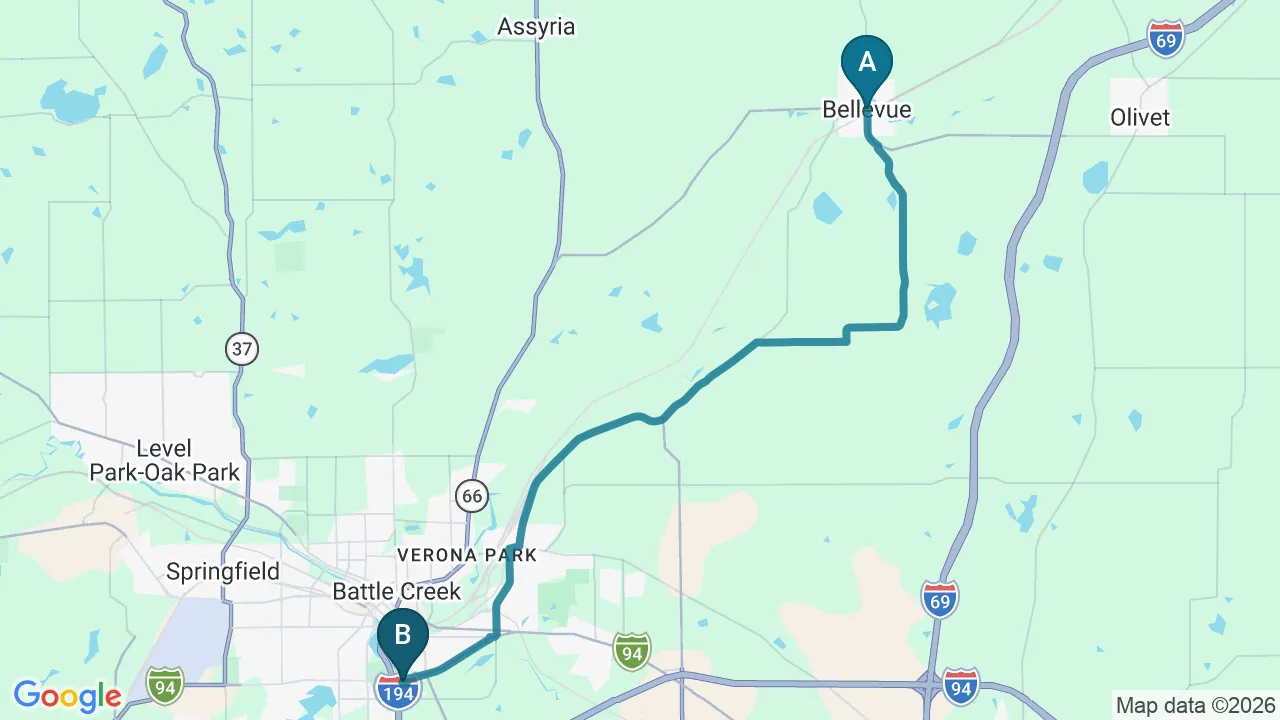 Driving directions map from Bellevue, MI to The Creek Chiropractic & Wellness in Battle Creek