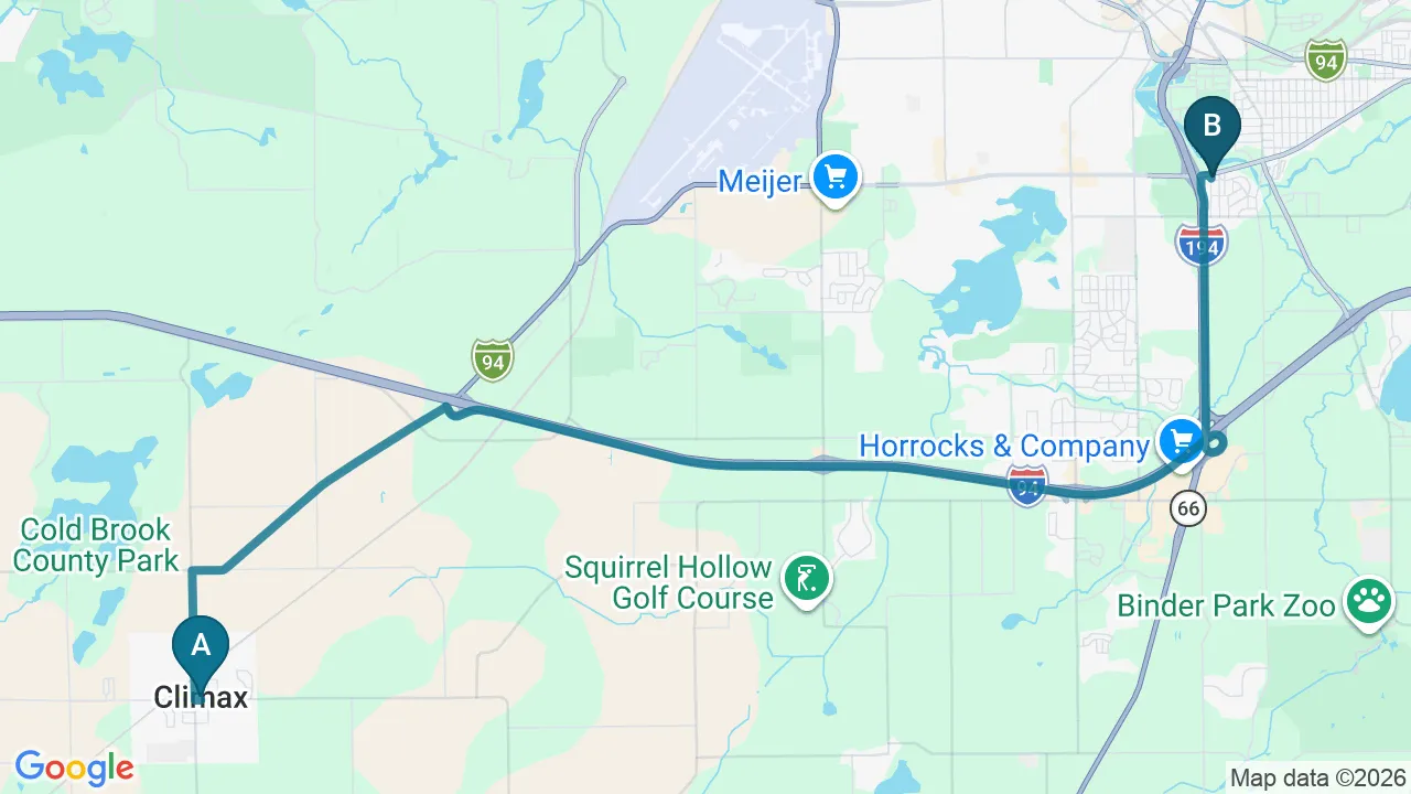 Driving directions map from Climax, MI to The Creek Chiropractic & Wellness in Battle Creek