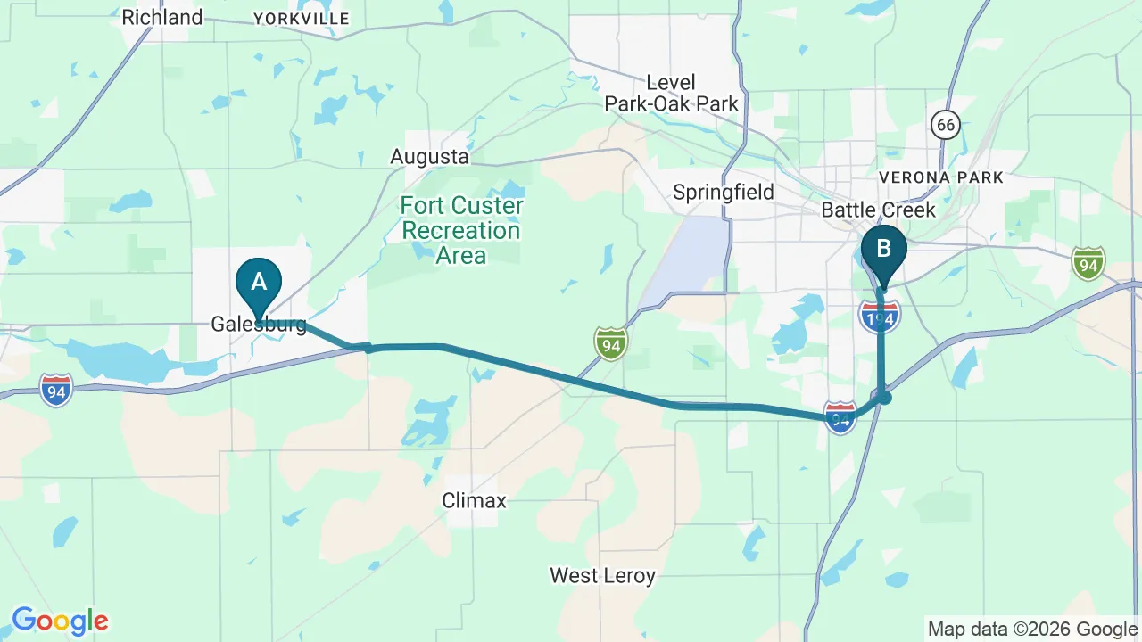 Driving directions map from Galesburg, MI to The Creek Chiropractic & Wellness in Battle Creek