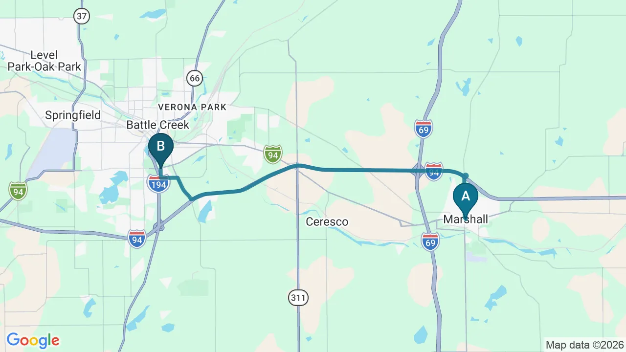 Driving directions map from Marshall, MI to The Creek Chiropractic & Wellness in Battle Creek
