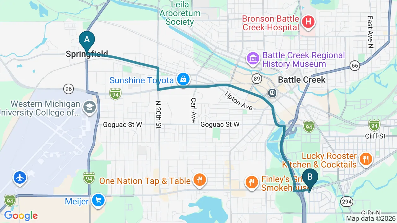 Driving directions map from Springfield, MI to The Creek Chiropractic & Wellness in Battle Creek